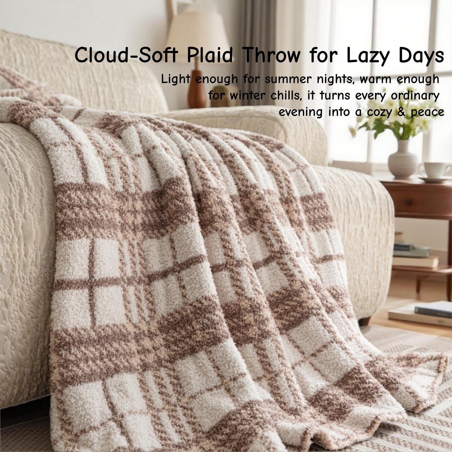DXRZEXAM Stretch Knit Throw Blanket 47"x59" Soft Fleece Checkered Blanket All Season Breathable Non-Shedding Cozy for Couch Bed Office Lap Wrap Camping Trip 550GSM Khaki Beige Plaid