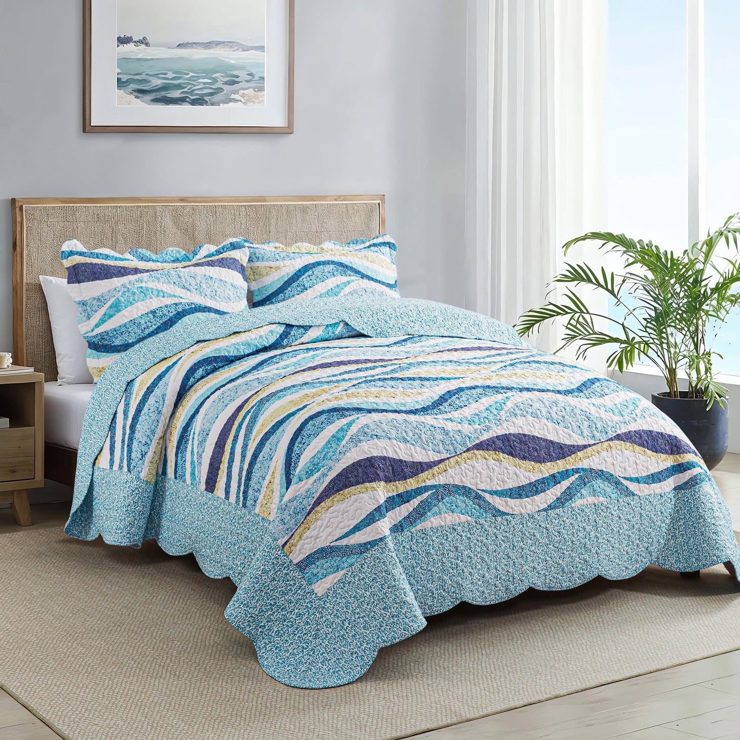 HoneiLife Queen Bedspreads Oversized - 106"x106" Coastal Quilt Sets, Beach Quilt 3-Piece, Nautical Bedspreads Ocean Coverlets, Lightweight Bed Cover, Summer Quilts
