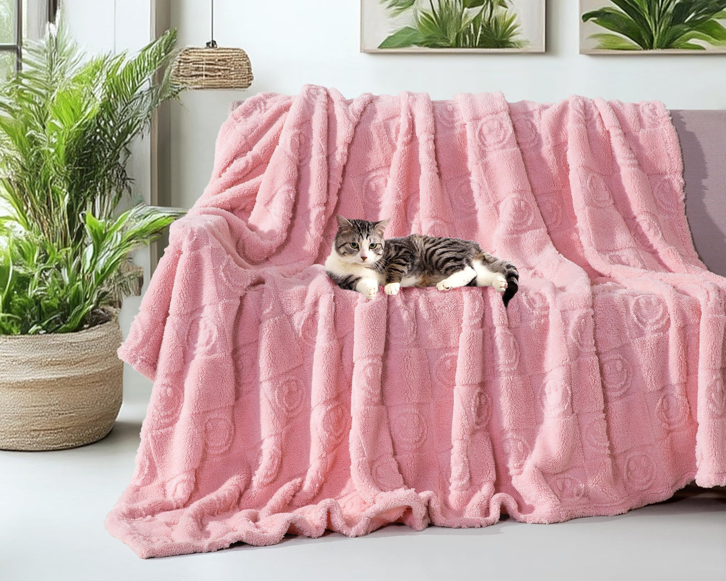 CLOUDS HUG Pink Throw Blanket for Couch - Soft Blankets for Women, Cute Small Fleece Blanket for Girls Gift, 50x60 Inches,3D Textured Smile Pattern