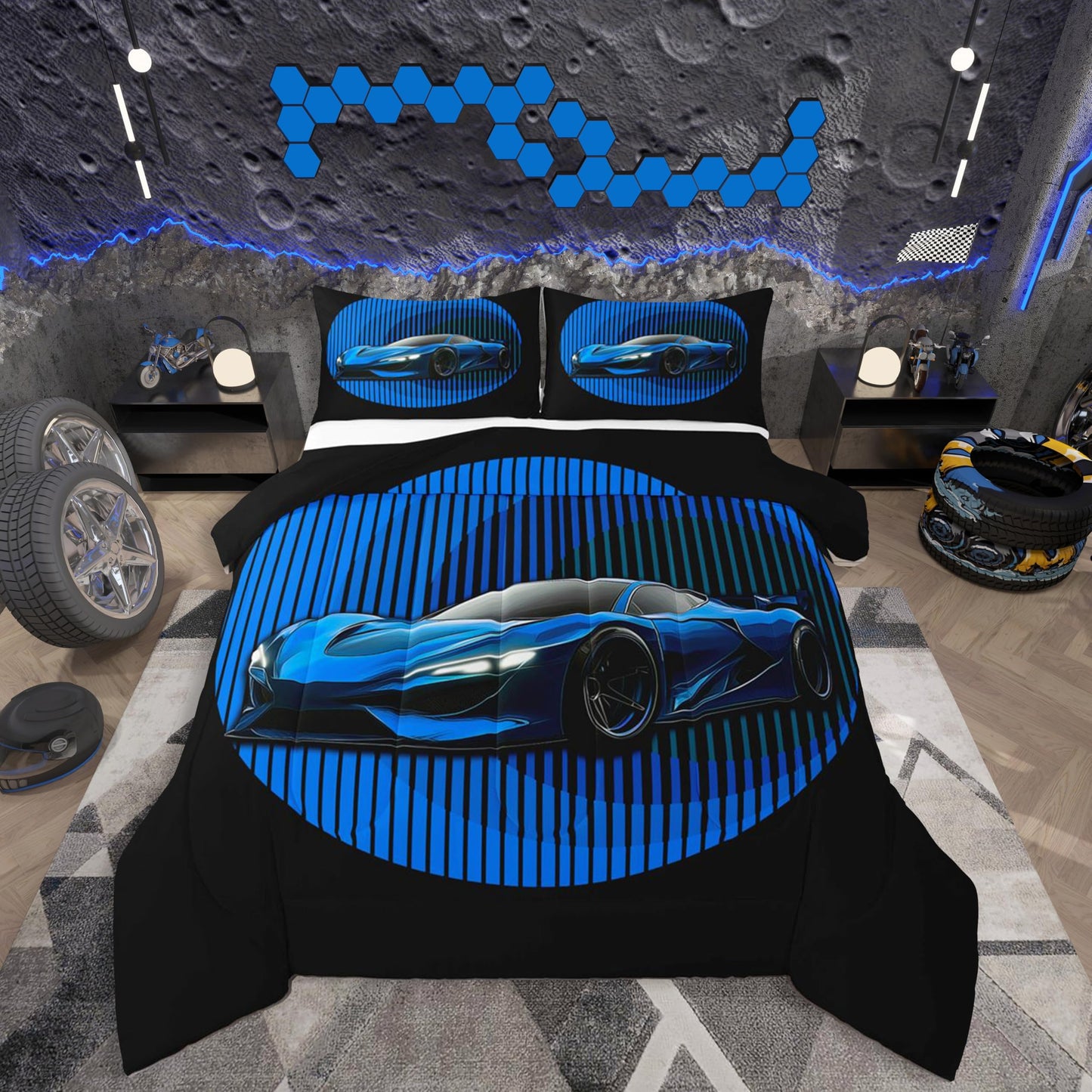 jejeloiu Racing Car Comforter Set All Season Race car Geometric Bedding Set with 1 Pillow Cases Speed Sports Car Kids Twin Bedclothes Extreme Sports Bedroom Decor Duvet Quilt Breathable Soft