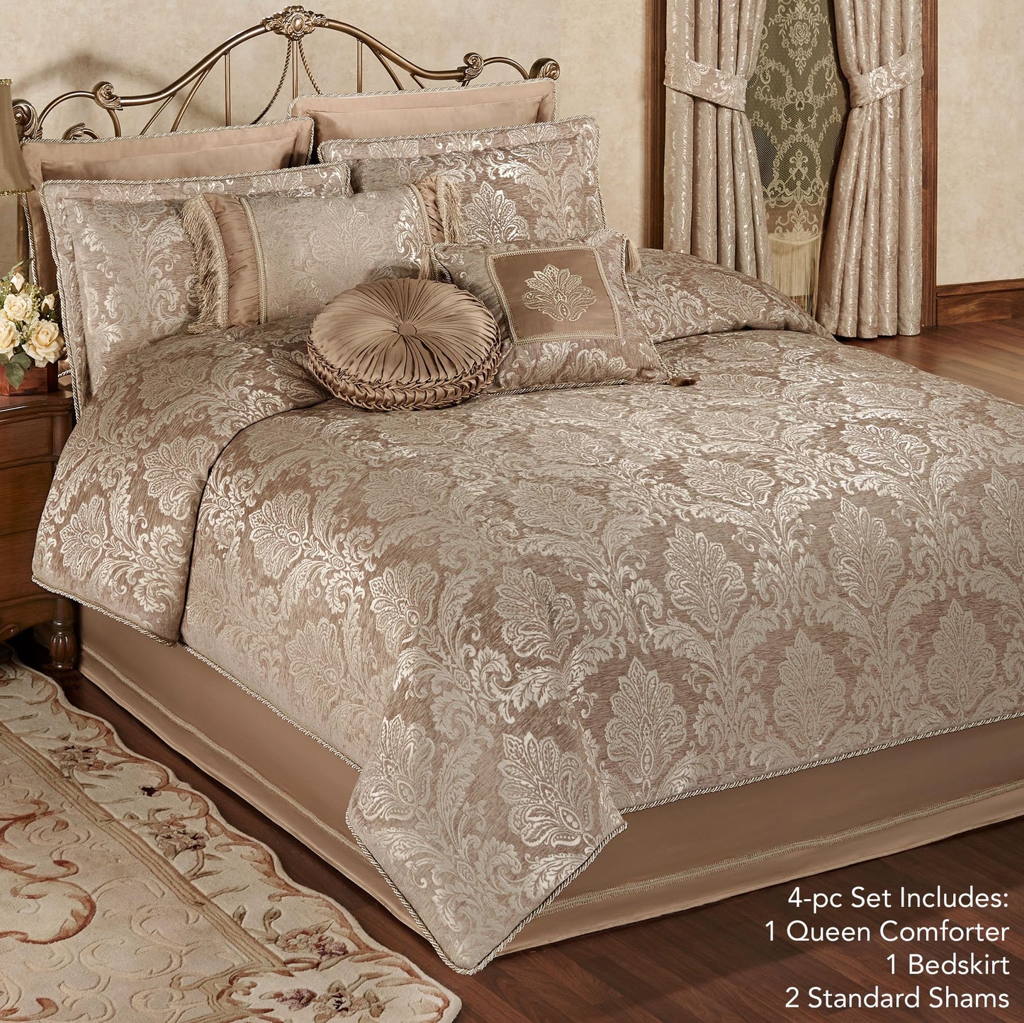 Touch of Class Camelot Luxury Bedding | Neutral Almond | Matte Satin Damask on Richly Textured Jacquard-Woven Chenille Design | 4 Piece Set Includes Queen Comforter, Bedskirt, and 2 Standard Shams