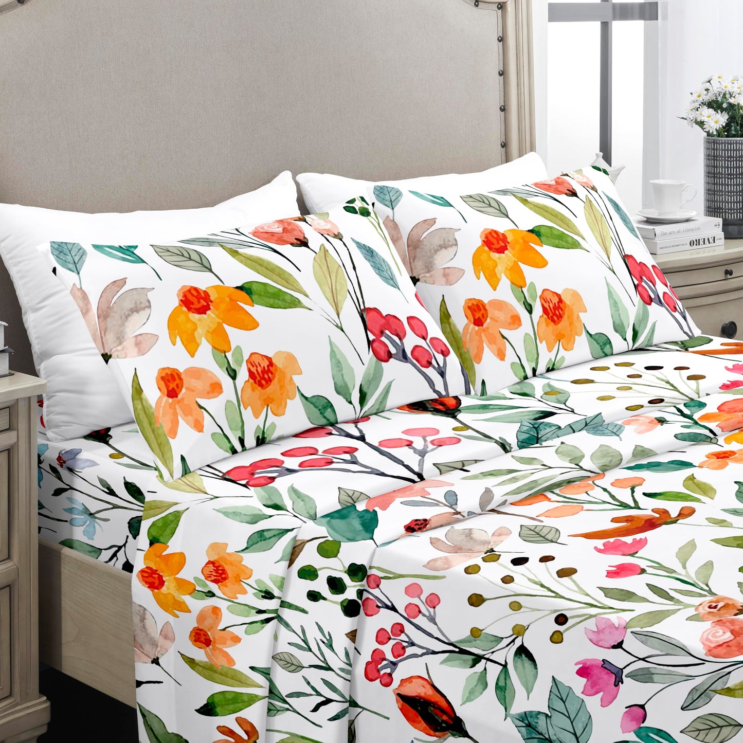YIYEA Floral Sheets Queen Size, Premium Double Brushed Microfiber Bed Sheet Set for All Season, Soft Breathable, 16" Deep Pocket, Shrinkage and Fade Resistant, 4PC, Queen