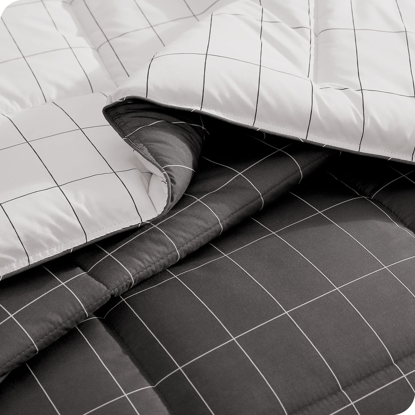 Bare Home Bed-in-A-Bag 7 Piece Comforter & Sheet Set - Queen - Goose Down Alternative - Ultra-Soft 1800 Premium Bedding Set (Queen, Grid - Grey/White Comforter Set, White Sheet Set)