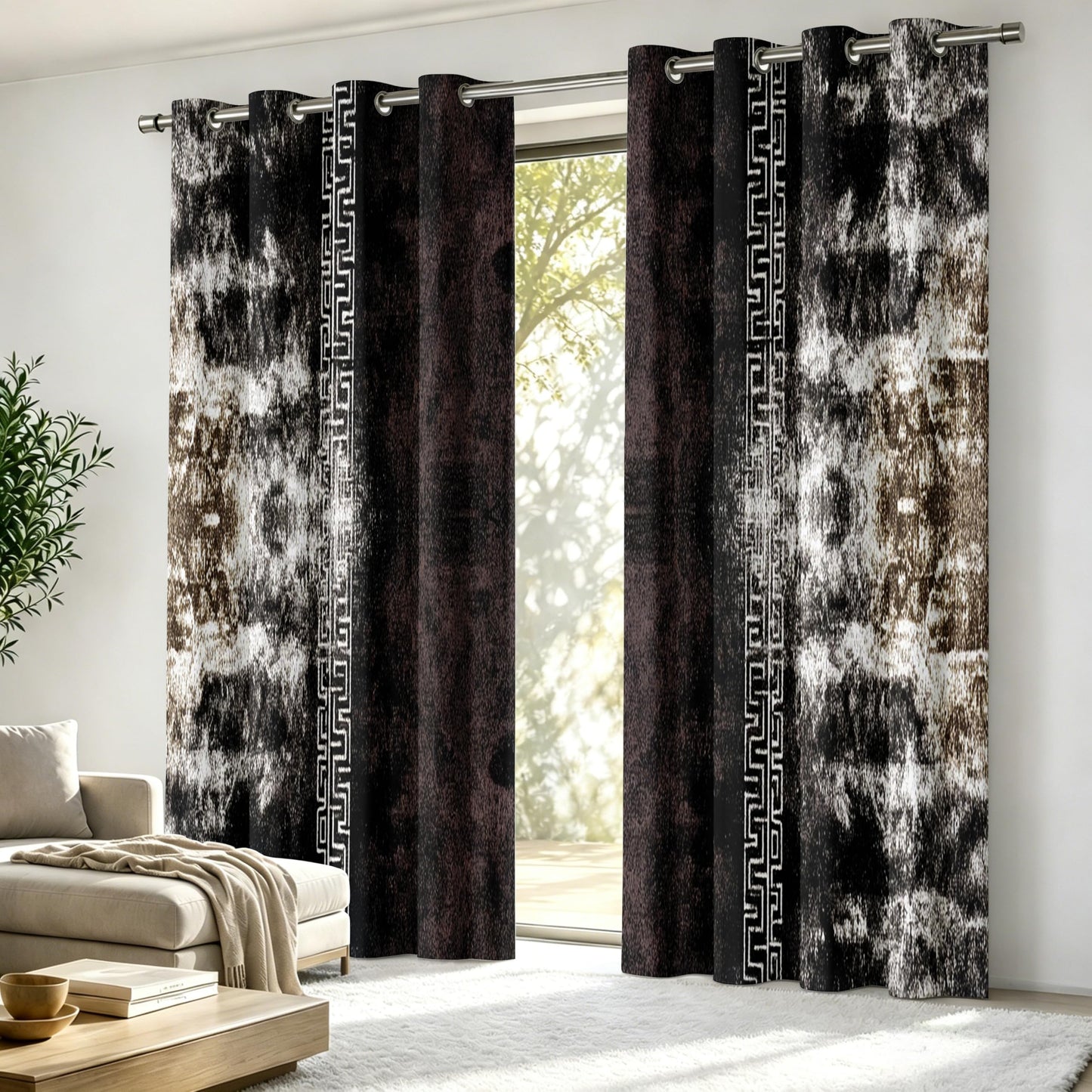 Aquailis Abstract Curtains Blackout for Living Room, Brown Black Modern Luxury Greek Key Bedroom Curtains 63 Inches Long, Thermal Insulated Room Darkening Grommet Patterned Drapes for Windows