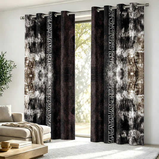 Aquailis Abstract Curtains Blackout for Living Room, Brown Black Modern Luxury Greek Key Bedroom Curtains 63 Inches Long, Thermal Insulated Room Darkening Grommet Patterned Drapes for Windows
