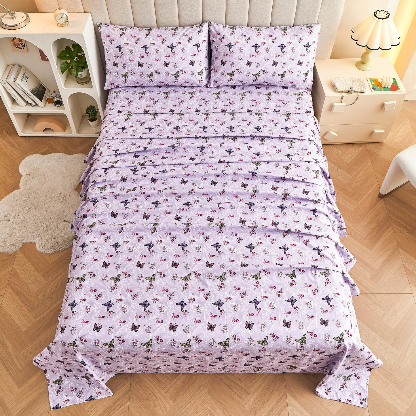 Softan Floral Twin Size Sheet Set, Purple Paisley Flower Printed Sheets for Kids Girls, Brushed Microfiber Fitted Sheet with 15" Deep Pocket & Non-Slip Straps, Butterfly Patterned Sheets