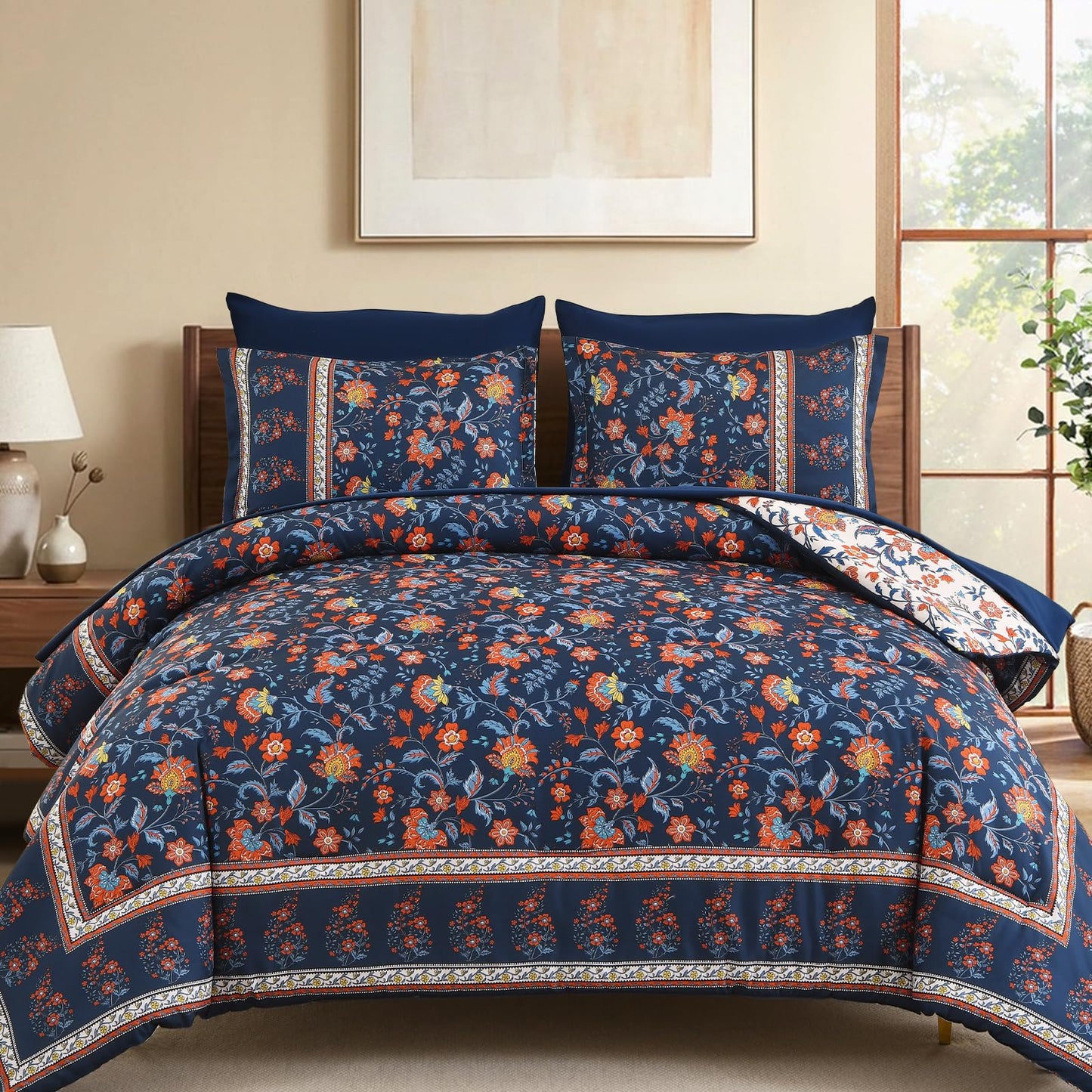 Dinjoy Boho Comforter Set Queen,Navy Bedding Paisley Floral 7 Piece Bed in a Bag Reversible Lightweight Bohemain Comforters with Sheet Sets for All Season