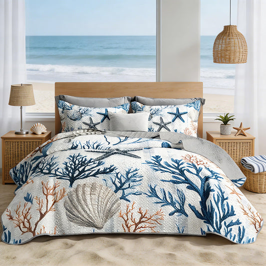 UEVBF Starfish Coastal Bedding Quilt Sets Queen Size,Summer Shell Blue Coral Nautical Bedding Quilt with 2 Pillowcases,Beach Themed Soft Lightweight Quilted Set.