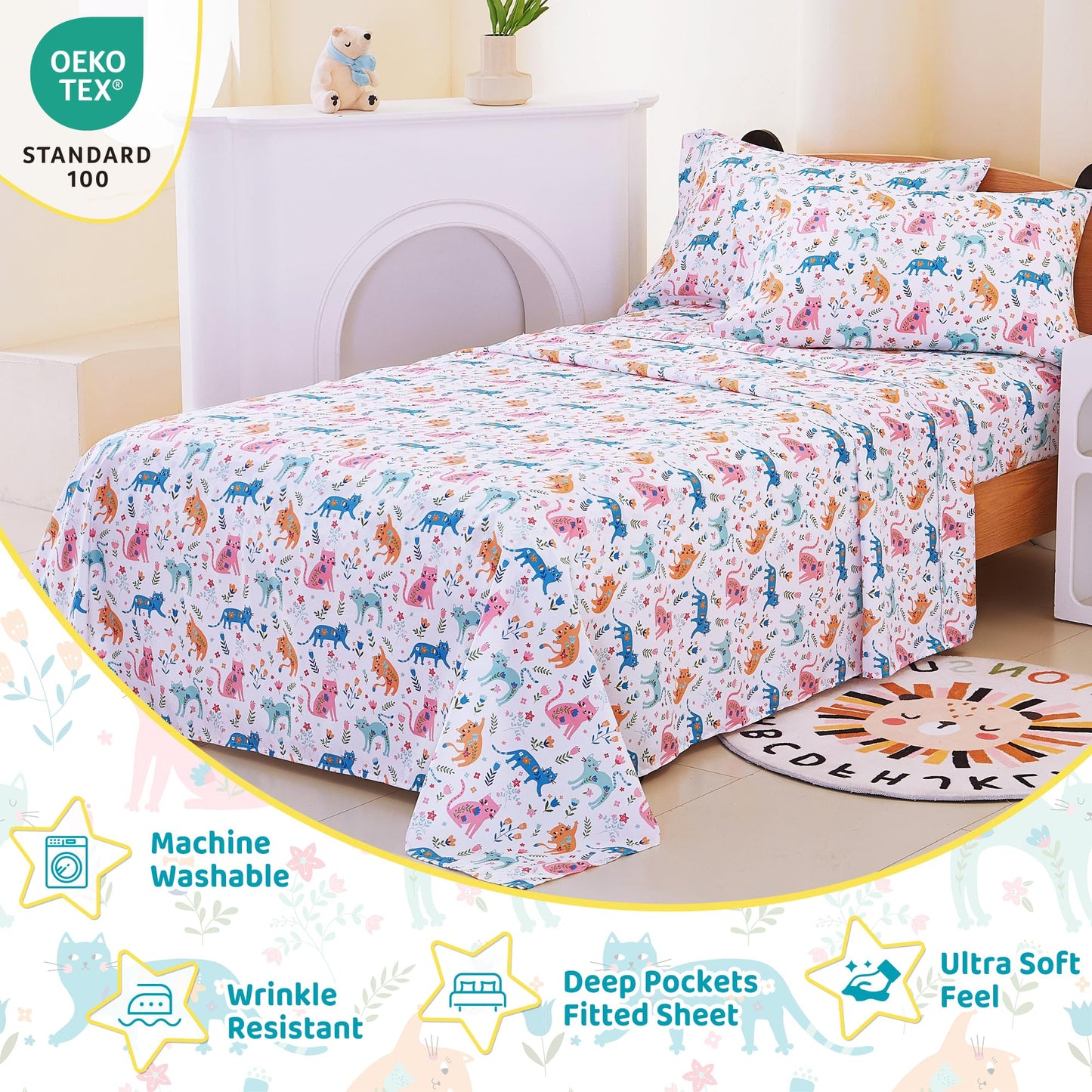 Viviland 3 Pieces Girls Pink Cat Twin Sheet Set - Soft Microfiber Fitted Flat Sheets & Pillowcase - Kids Colorful Floral Leaf Print Bedding Sets - for Kids & Toddlers