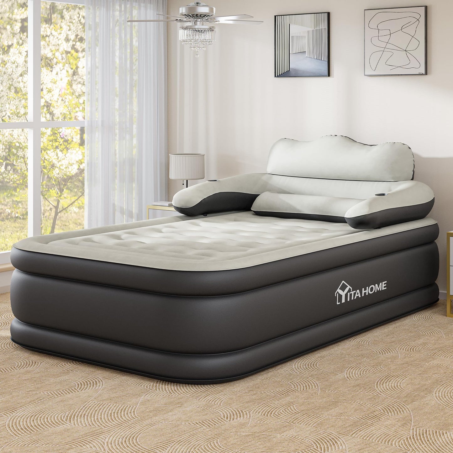 YITAHOME FullXL Size Air Mattress with Headboard, 18in Inflatable with Pillow, Blow Up Mattress with Removable Electric Pump, Comfort Air Bed Queen for Camping & Home, Black