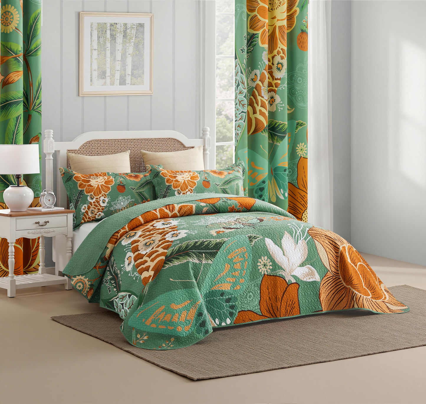 Tyrot 3 Piece Sage Green Boho Floral Full/Queen Quilt Sets Farmhouse Botanical Reversible Lightweight Bedspread Coverlet with 2 Shams Butterfly Microfiber Bedding Quilts Set for All Season, 90''x96''