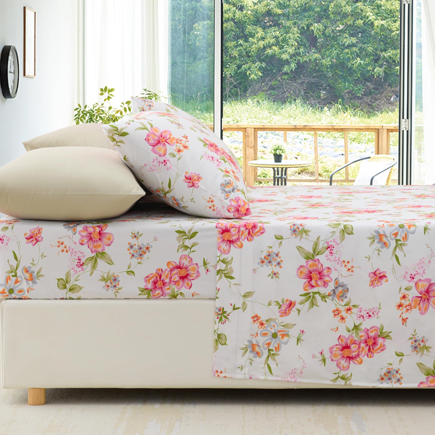 Spirit Linen Home 6-Piece Queen Size Bed Sheet Set - Deep Pocket, Floral Print Design, Soft and Breathable Bed Sheets, Microfiber Material, Includes 1 Fitted, 1 Flat, 4 Pillowcases - Pink/Green Floral