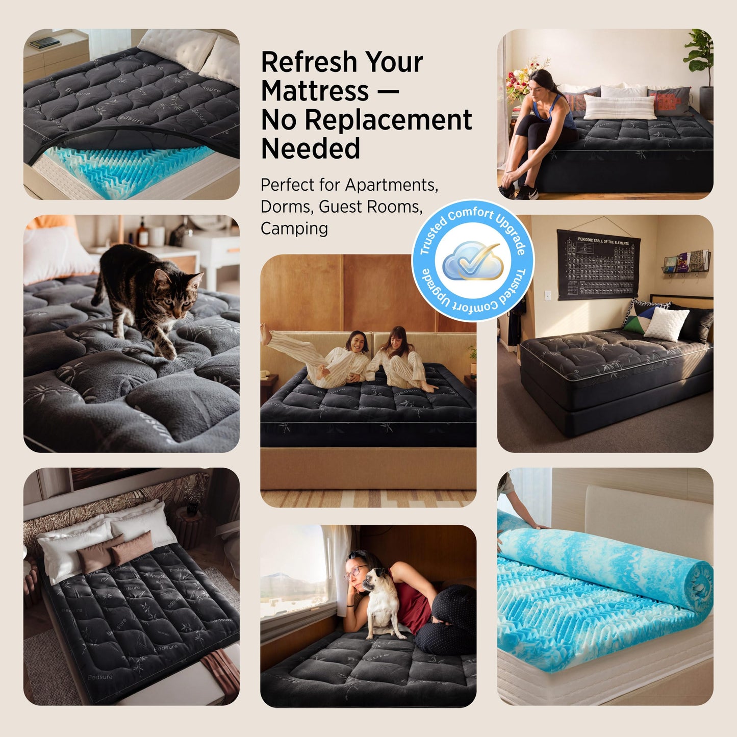 Bedsure Dual-Layer 5 Inch Memory Foam Mattress Topper King, 3 Inch Memory Foam + 2 Inch Viscose Made from Bamboo Mattress Topper Pad Cover, Breathable & Pressure Relief, Black
