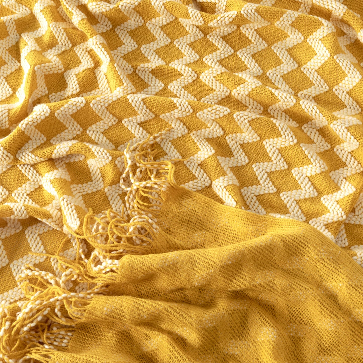 Counfeisly Double Diamond Acrylic Knitted Throw Blanket, Lightweight and Soft Cozy Decorative Woven Blanket with Tassels for Couch, Bed, Sofa, Travel, 50 x 60 Inches, Yellow