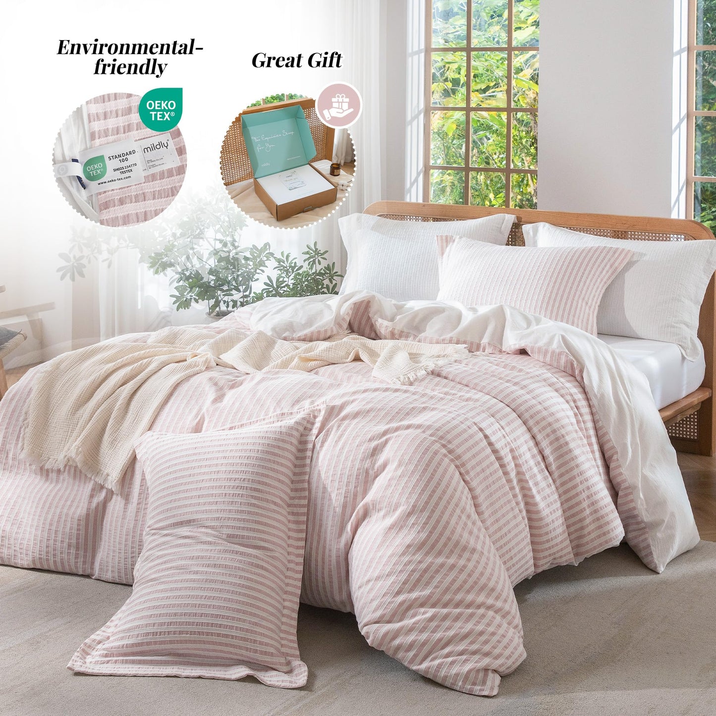 MILDLY Pink Striped Duvet Cover - 100% Washed Cotton Boho Jacquard Textured Comforter Cover Set 3pcs with Dual Zipper Closure & 8 Corner Ties Soft & Lightweight for All Season 90"x90"