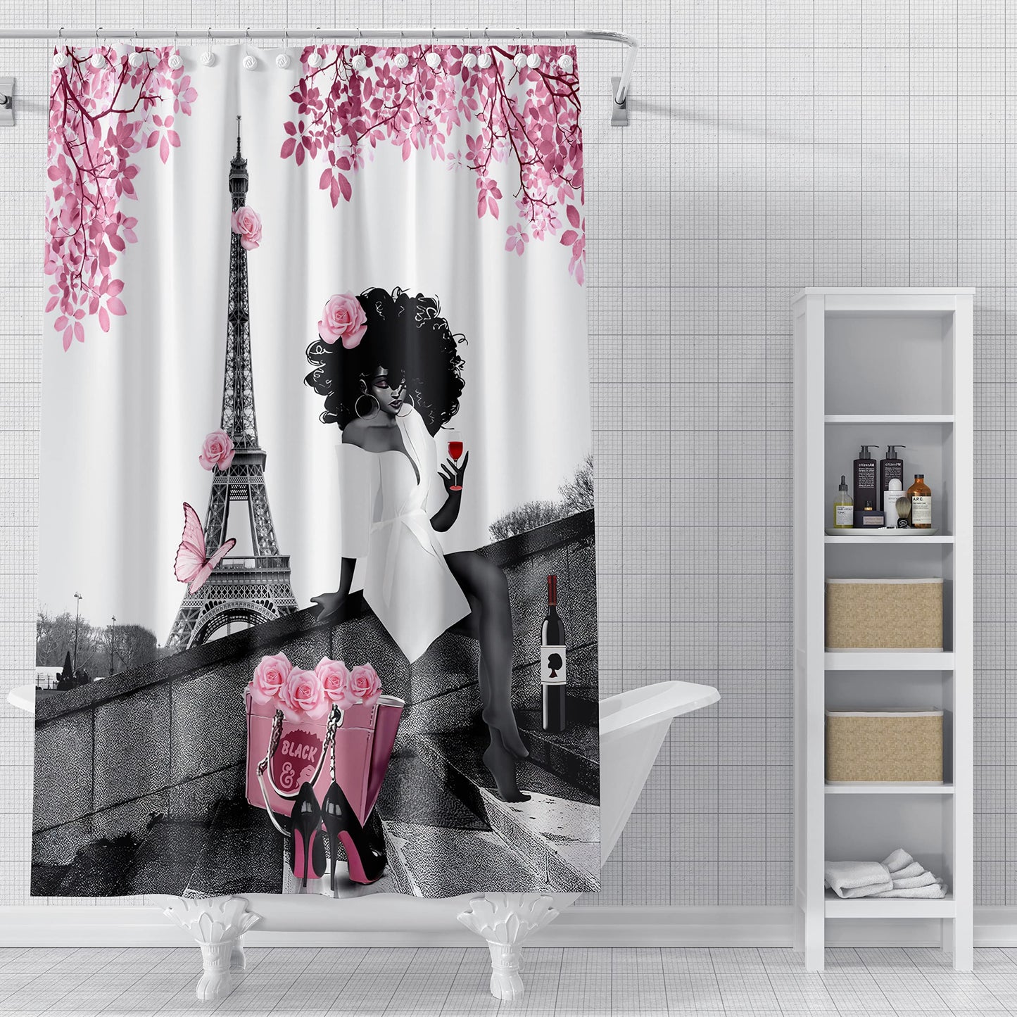 TYAKASHA Shower Curtain African American Woman Afro Lady withn Pink Rose Fashion Black Girl Eiffel Tower 72x72 Inches Waterproof Fabric Polyester with 12 Hooks for Bathroom Decor