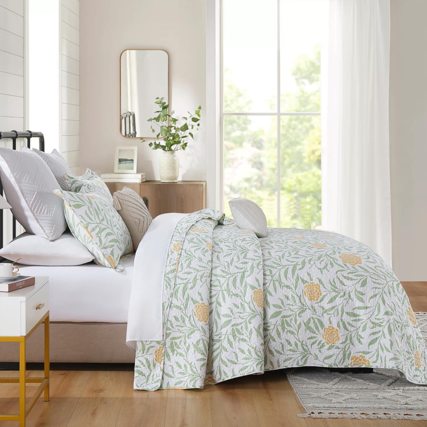 Homzard Queen Comforter Set for Bed Floral Quilt Queen size-100% Cotton Yellow,Green,sage Bedspreads (90 * 98 Inch) with 2 Pillow Shams, Lightweight Garden Bedding Spring and Summer Style