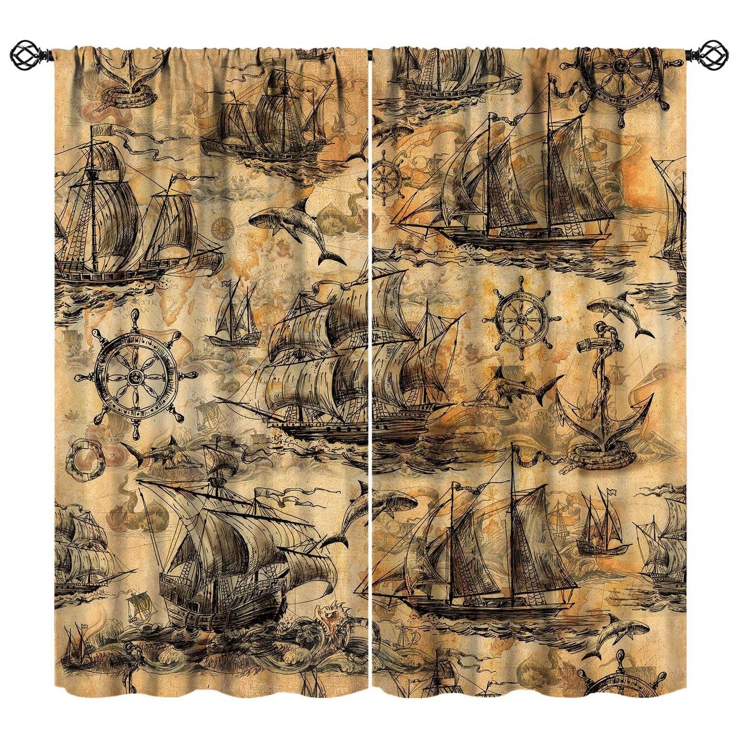 XBDDZSW Nautical Sailboat Map Curtains Sketch Pirate Ship Wheel Compass Starfish Coral Reef Nautical Map Pattern Print Window Drapes for Bedroom Living Room Kitchen Decor,2 Panel Set,42x45 Inch Decor