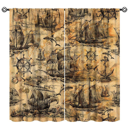 XBDDZSW Nautical Sailboat Map Curtains Sketch Pirate Ship Wheel Compass Starfish Coral Reef Nautical Map Pattern Print Window Drapes for Bedroom Living Room Kitchen Decor,2 Panel Set,42x45 Inch Decor