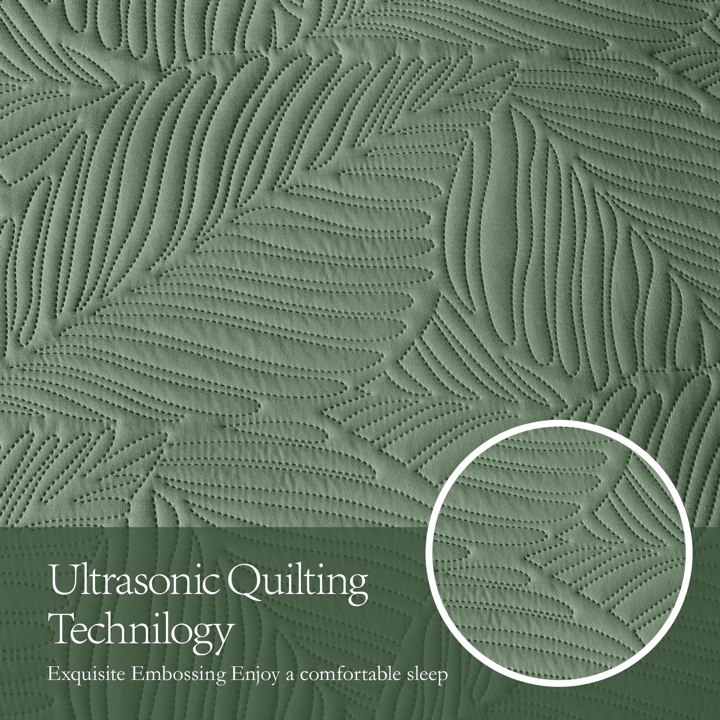OARAGE Queen Quilt Bedding Set Soft Lightweight Olive Green Bedspread with Leaf Pattern,Ultrasonic Microfiber Bed Coverlet Full Size for All Season (1 Quilt, 2 Shams)