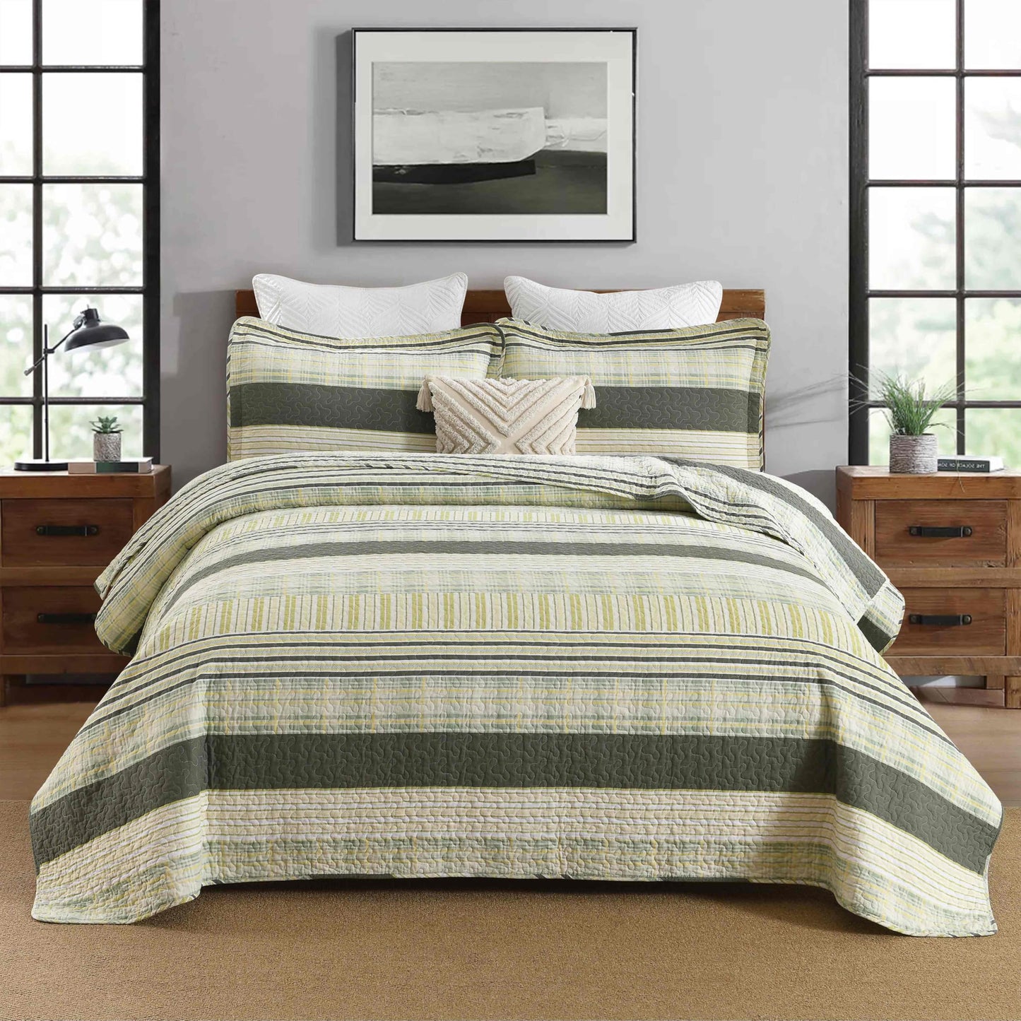Homzard 100% Cotton Quilt King Size, Green Yellow Striped Plaid Quilt Bedding Set,Olive Green Lightweight Soft Farmhouse Bedspread Coverlet,Summer Spring Lightweight King Size Comforter Set 3 Pieces