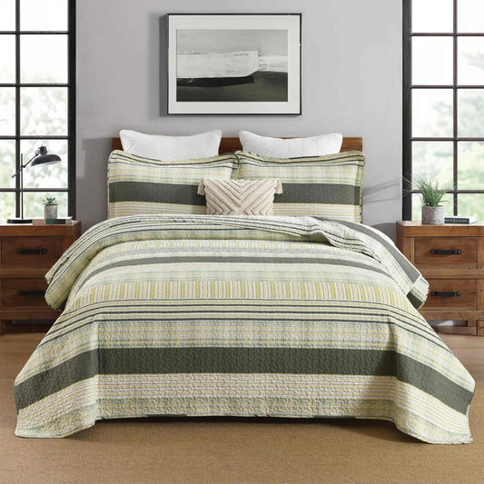 Homzard 100% Cotton Quilt King Size, Green Yellow Striped Plaid Quilt Bedding Set,Olive Green Lightweight Soft Farmhouse Bedspread Coverlet,Summer Spring Lightweight King Size Comforter Set 3 Pieces