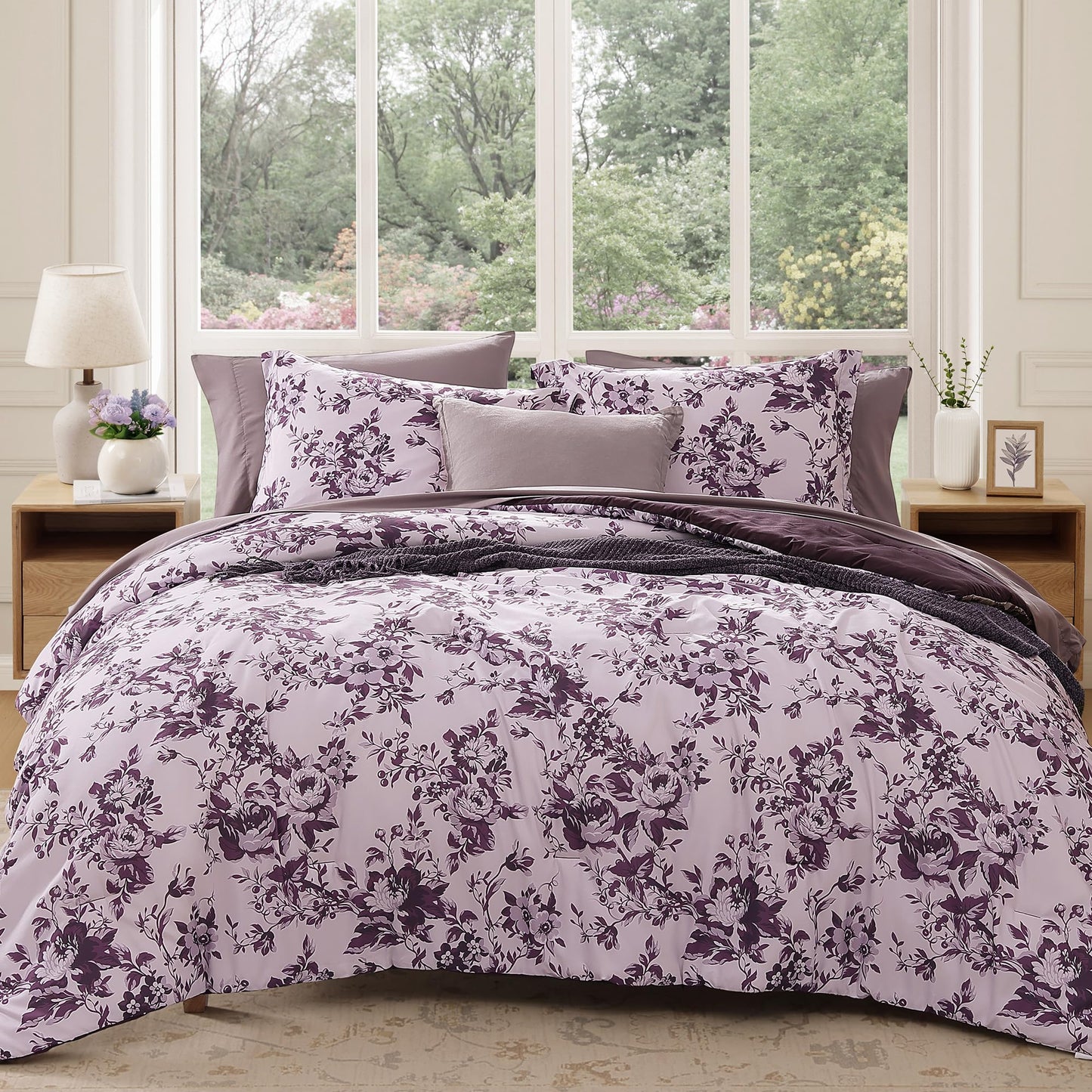 BLOOMHAVEN Queen Comforter Set -7 Pieces Deep Purple Floral Comforter Set for All Seasons, Bed in a Bag Queen with Botanical Flowers Comforter, Sheets, Pillowcases & Shams