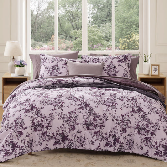 BLOOMHAVEN Queen Comforter Set -7 Pieces Deep Purple Floral Comforter Set for All Seasons, Bed in a Bag Queen with Botanical Flowers Comforter, Sheets, Pillowcases & Shams
