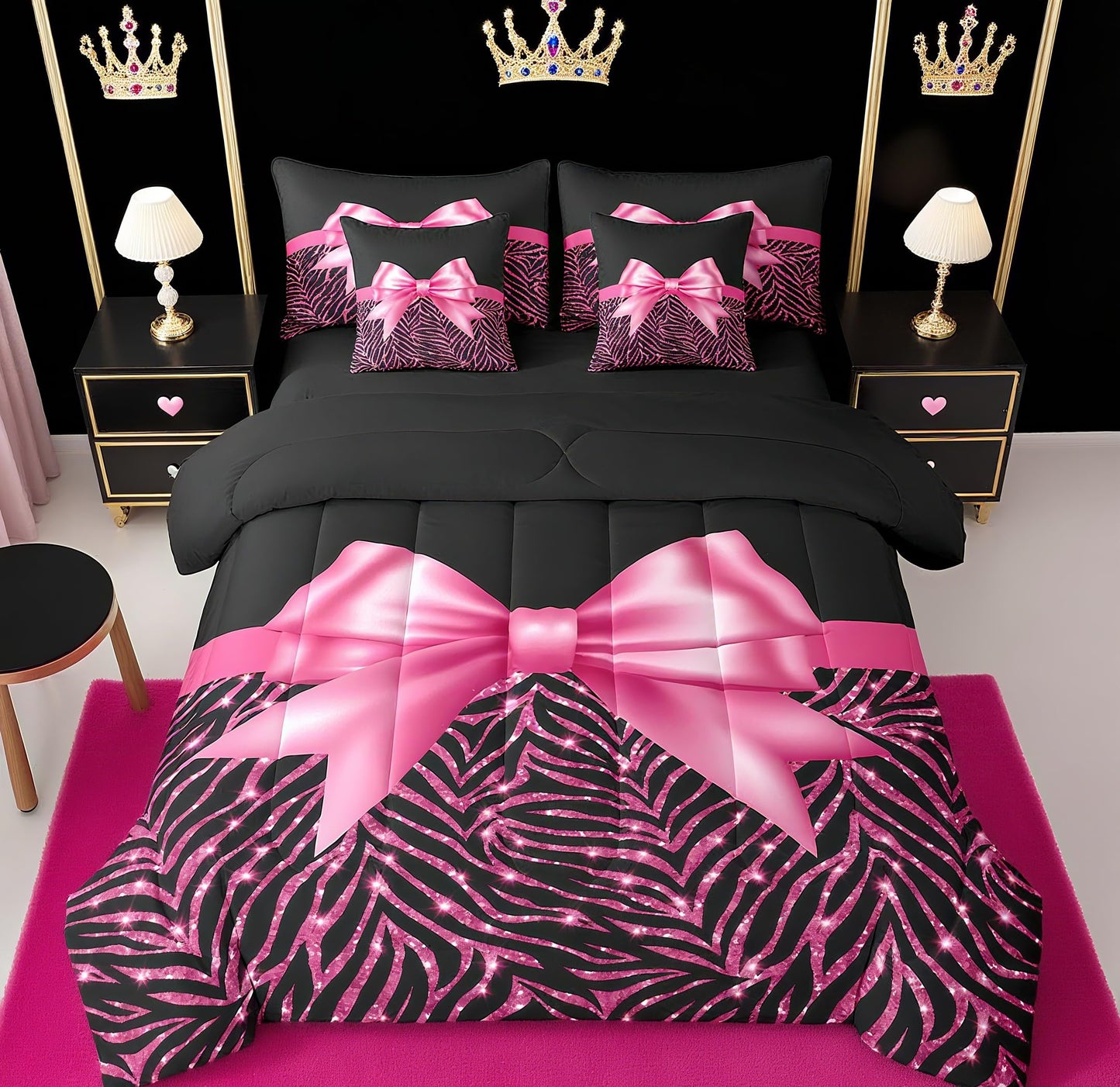 Feelyou Pink Bowknot 7 Piece Bedding Set Queen Size Glitter Print Comforter Set with Sheets for Kids Girls Adult Cute Bowknot Bed in a Bag Black Silver Bed Set