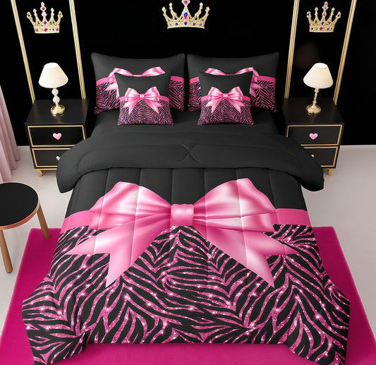 Feelyou Pink Bowknot 7 Piece Bedding Set Queen Size Glitter Print Comforter Set with Sheets for Kids Girls Adult Cute Bowknot Bed in a Bag Black Silver Bed Set