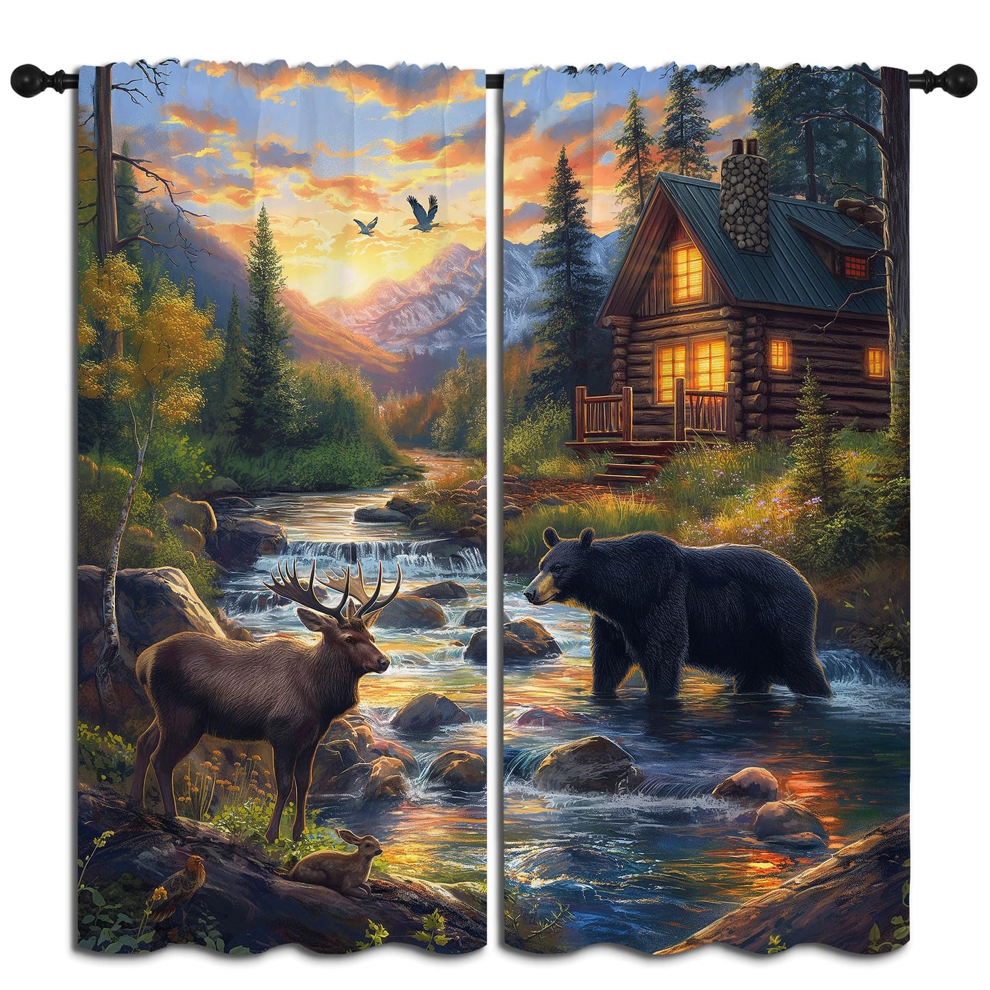 PYMATYTN Wild Animal Blackout Curtains for Boys Girl Bedroom Decor,Black Bear Deer Nature Forest Cabin Thermal Insulated Rod Pocket Drapes Darkening Window Curtain for Living Room Home 55x63 inch