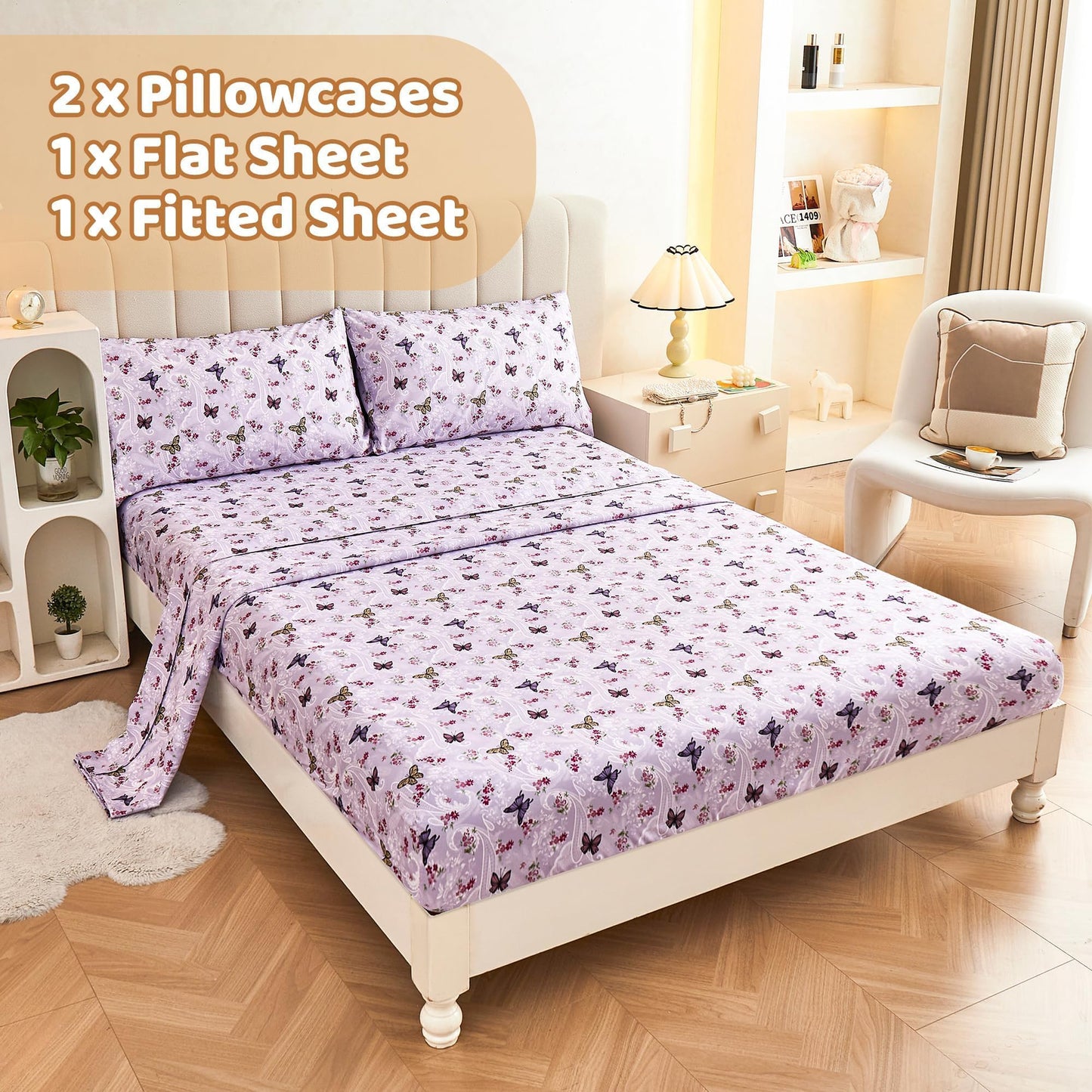 Softan Floral King Bed Sheets, Purple Paisley Flower Printed Sheet Set - Brushed Microfiber King Fitted Sheet with 15" Deep Pocket and Corner Straps, Butterfly Patterned Sheet & Pillowcase Sets