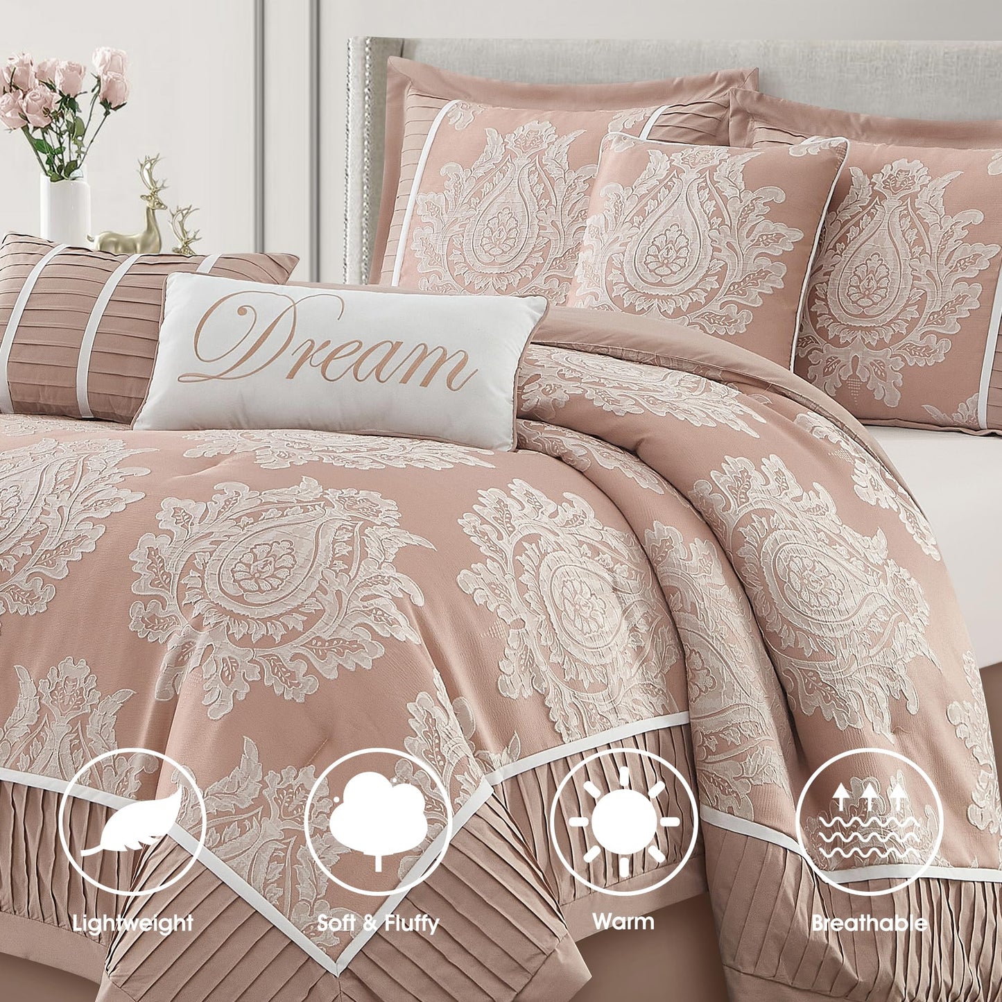 LANCO MODERN LIFESTYLE Blush Queen Comforter Set 7 Pieces, Jacquard Woven with Damask, Bedding Set in a Bag Includes Comforter, Bed Skirt, Pillow Shams, and Decorative Pillows