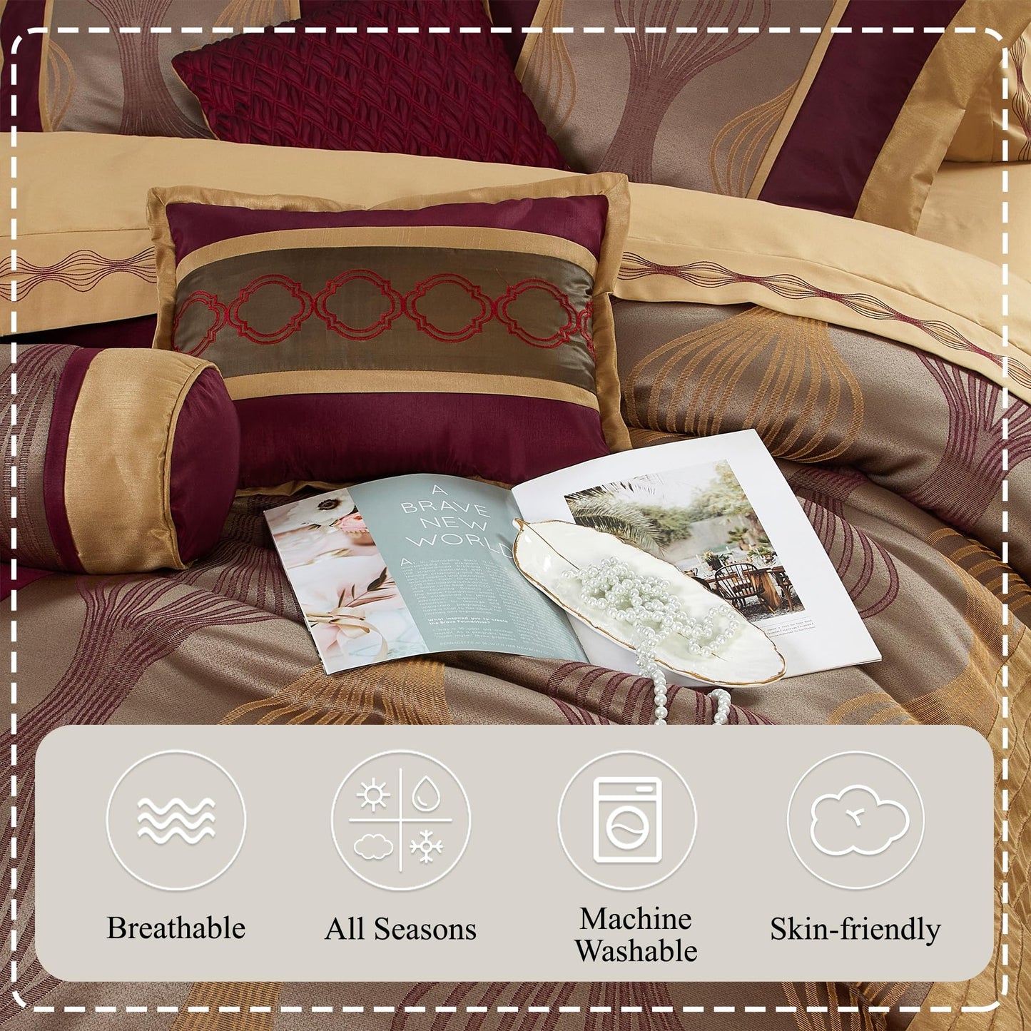 Stratford Park Wine Gold 7 Pieces Lightweight Microfiber Bed-in-a-Bag Comforter Bedding Set, Jacquard Queen Comforter Set, All Season Bedroom Home Décor