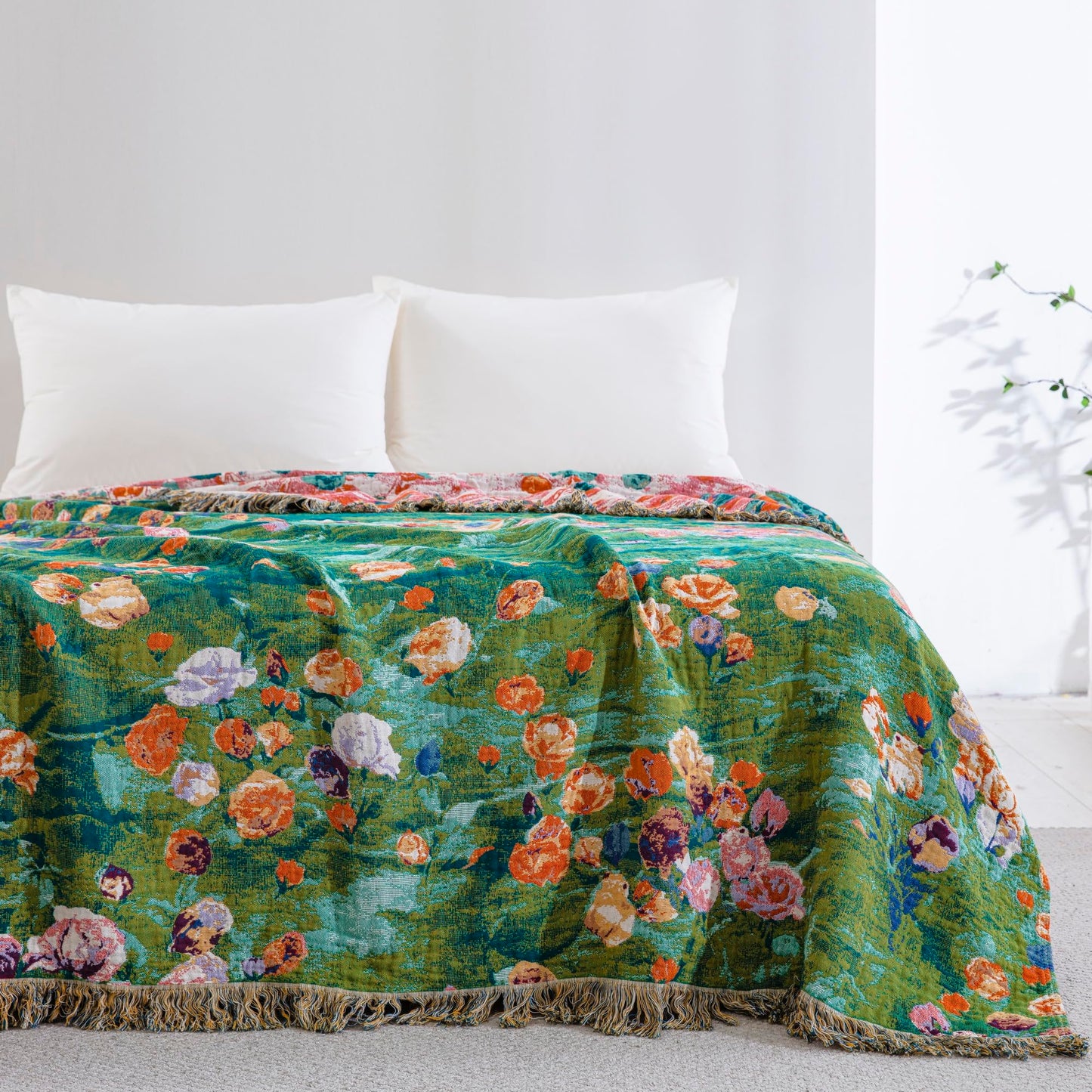 BRYALIX 100% Cotton Muslin Floral Blanket, Super Soft Throw Green for Couch, Bed Chair Quilt Travel Blankets, Reversible Jacquard Fall Coverlet, Lightweight Boho Farmhouse Picnic Blanket, 60"x80"