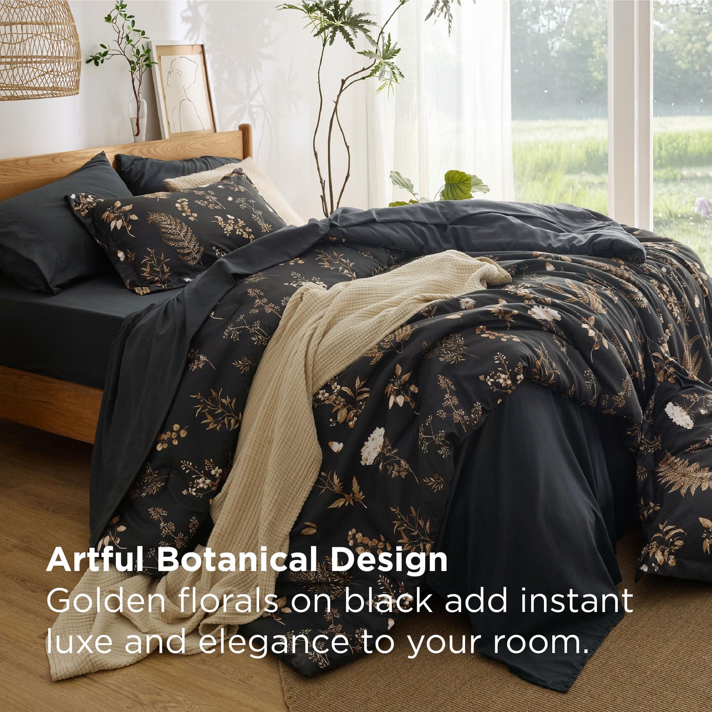 Bedsure Black Queen Comforter Set - 7 Pieces Floral Bedding Sets Queen Bed in a Bag with Reversible Botanical Flowers Comforter, Sheets, Pillowcases & Shams