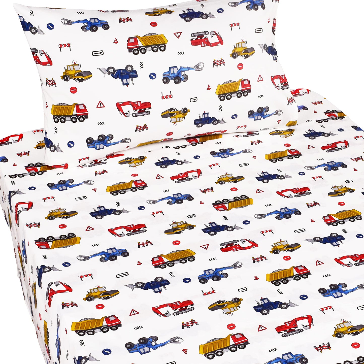 J-pinno Building Construction Car Truck Digger Transport Vehicle Twin 100% Cotton 3 Pieces Sheet Set for Kids Girls Children, Flat Sheet + Fitted Sheet + Pillowcase Bedding Decoration Gift Set