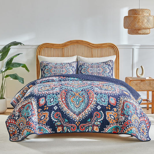 Boho Quilt Set Queen Size - Reversible Bohemian Quilt Bedding Set, 3 Pieces Colorful Lightweight Microfiber Bedspread Navy Blue Orange Paisley Coverlet Set with 2 Pillow Shams for All Seasons