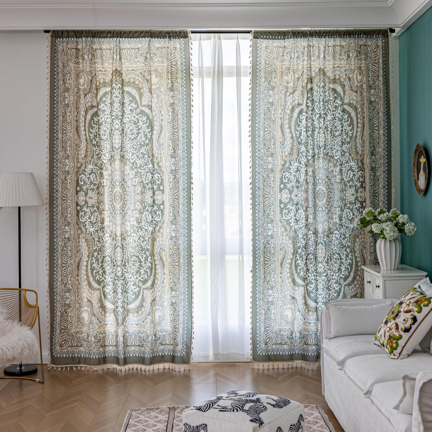 Erbnaryx Sage Green Medallion Curtains 72 Inches Long, Boho Farmhouse Light Filtering Rod Pocket Drapes with Tassel Trim for Bedroom Living Room, 2 Panels