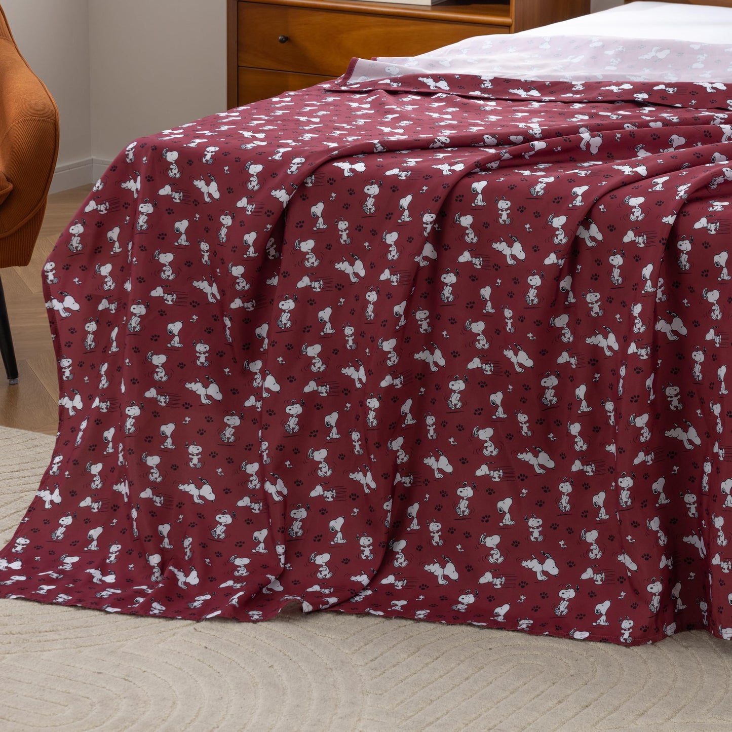 Berkshire Peanuts® Twin Flat Sheet (Only), Brushed Microfiber Sheet with Cute Snoopy Characters, Soft, Breathable, Easy-Care Bedding for Peanuts Fans, Mini Poses & Paws Wine