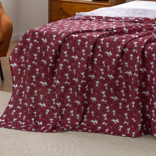 Berkshire Peanuts® Twin Flat Sheet (Only), Brushed Microfiber Sheet with Cute Snoopy Characters, Soft, Breathable, Easy-Care Bedding for Peanuts Fans, Mini Poses & Paws Wine
