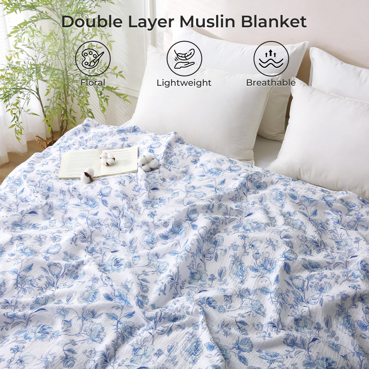 Muslin Blankets for Adults Reversible Throw Fleece & Gauze, Soft Cozy Lightweight Breathable Blue Floral Blanket for Bed Couch, Double Layer Muslin Throw Cover 90"x90"
