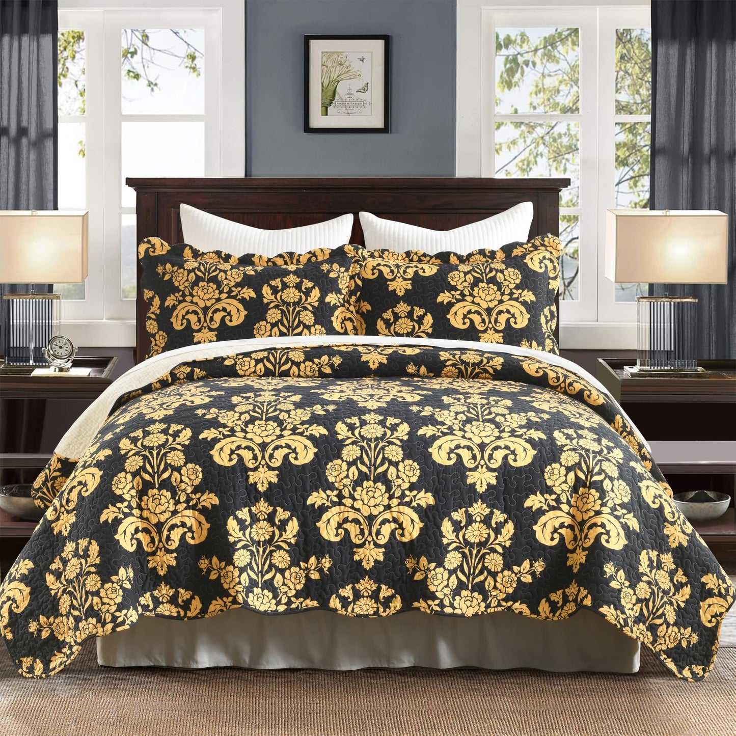 Cinefoso King Size Quilt - 100% Cotton Yellow Striped Bedding Set - Reversible Scallop Quilt Bedspreads- Quilted Modern Farmhouse Coverlets - Lightweight for All Season - Pre-Washed 3-Piece