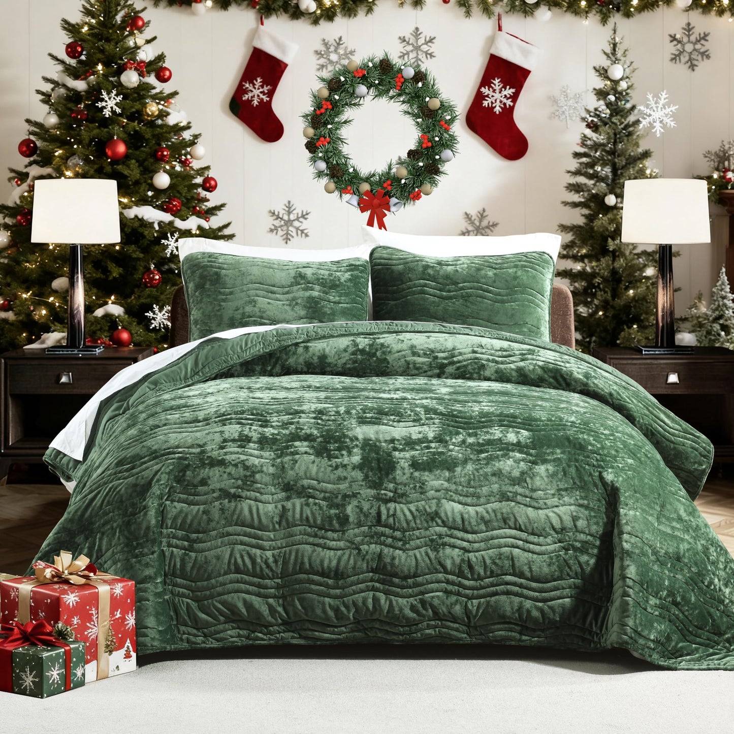 AJOCCI Velvet King Size Comforter Set, Luxurious King Quilt, Green Bedding Set, Soft Plush Bedspread, Lightweight for All Season,Emerald Green