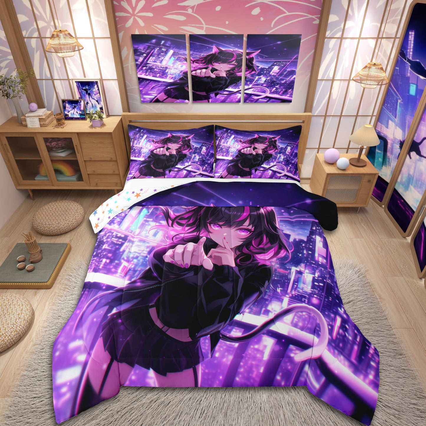 Erosebridal Kids Anime Girl Full Size Bedding Set, Japanese Anime Comforter Set, Cartoon Girl Duvet Insert for Boys Teens Bedroom Decor, Kawaii Japanese Animation Quilt with 2 Pillow Cases