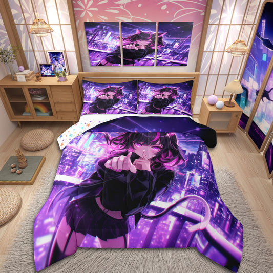 Erosebridal Kids Anime Girl Full Size Bedding Set, Japanese Anime Comforter Set, Cartoon Girl Duvet Insert for Boys Teens Bedroom Decor, Kawaii Japanese Animation Quilt with 2 Pillow Cases