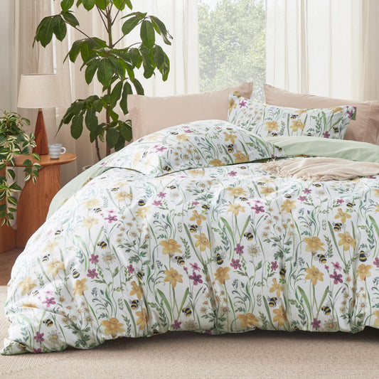 Bedsure Duvet Cover King Size - Reversible Floral Patterned Duvet Cover Set with Zipper Closure, 3 Pieces Green Bedding Set with 8 Corner Ties and 2 Pillow Shams 20"x36"