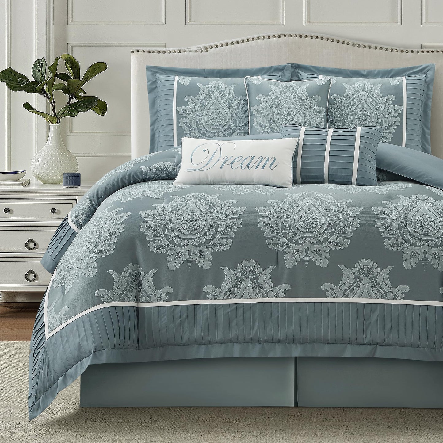 LANCO MODERN LIFESTYLE Blue Queen Comforter Set 7 Pieces, Jacquard Woven with Damask, Bedding Set in a Bag Includes Comforter, Bed Skirt, Pillow Shams, and Decorative Pillows