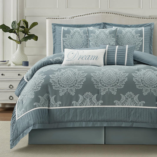 LANCO MODERN LIFESTYLE Blue Queen Comforter Set 7 Pieces, Jacquard Woven with Damask, Bedding Set in a Bag Includes Comforter, Bed Skirt, Pillow Shams, and Decorative Pillows