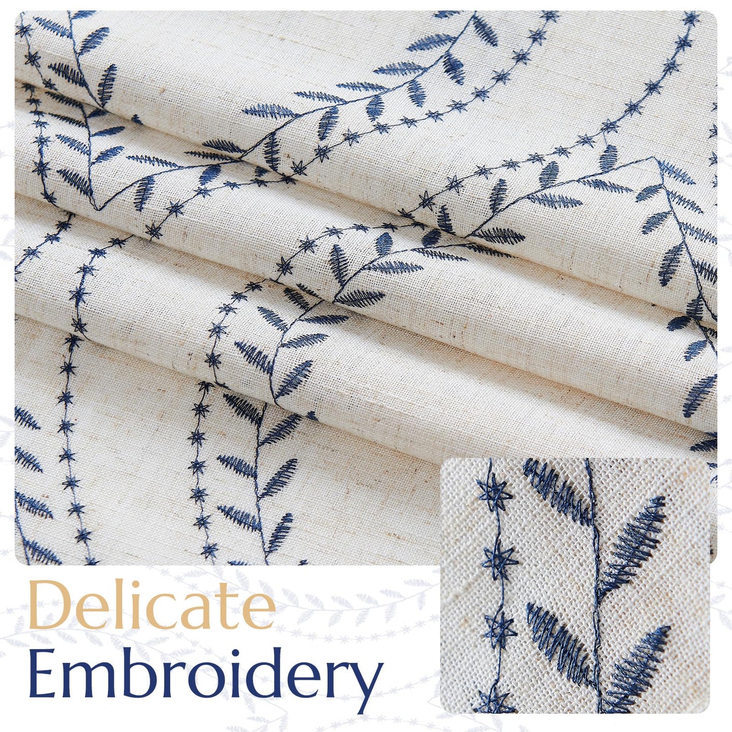 jinchan Boho Linen Blend Beige Farmhouse Curtains 84 Inch Length 2 Panels Set Blue Embroidered Leaf Living Room Ogee Geometry Drapes Light Filtering Curtains Grommet Blue on Flax